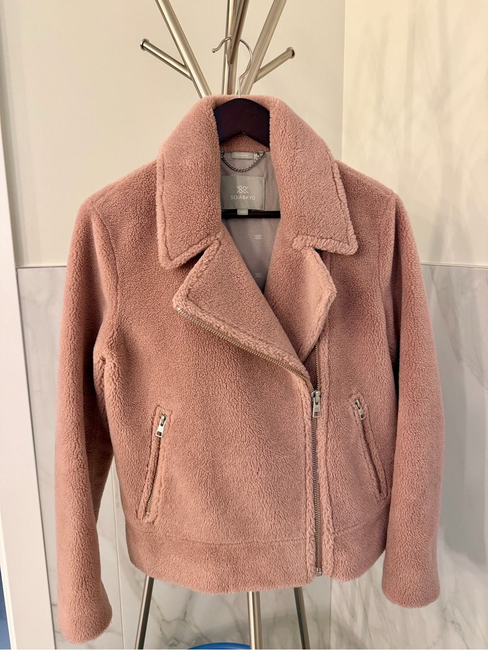 Soia & Kyo Dusty Rose Teddy Moto Jacket